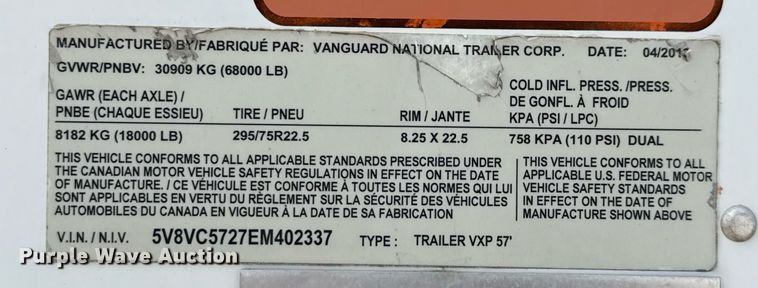 image for item DX5565 2014 Vanguard VXP dry van trailer