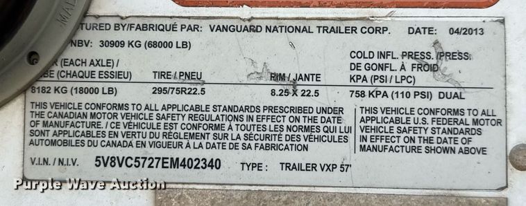 image for item DX5567 2014 Vanguard VXP dry van trailer