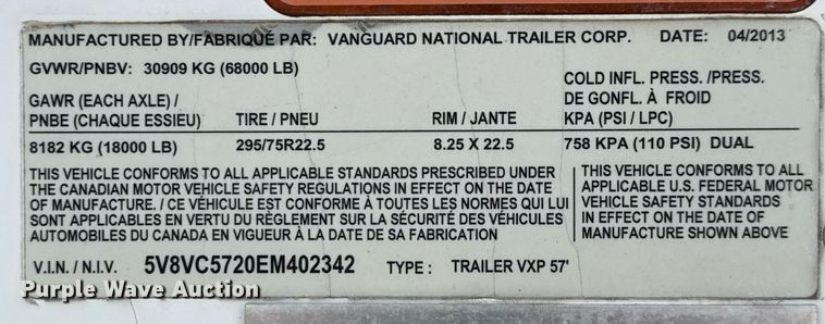 image for item DX5568 2014 Vanguard VXP dry van trailer