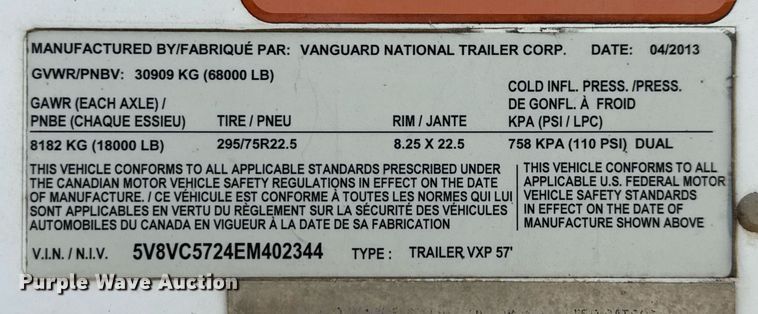 image for item DX5569 2014 Vanguard VXP dry van trailer