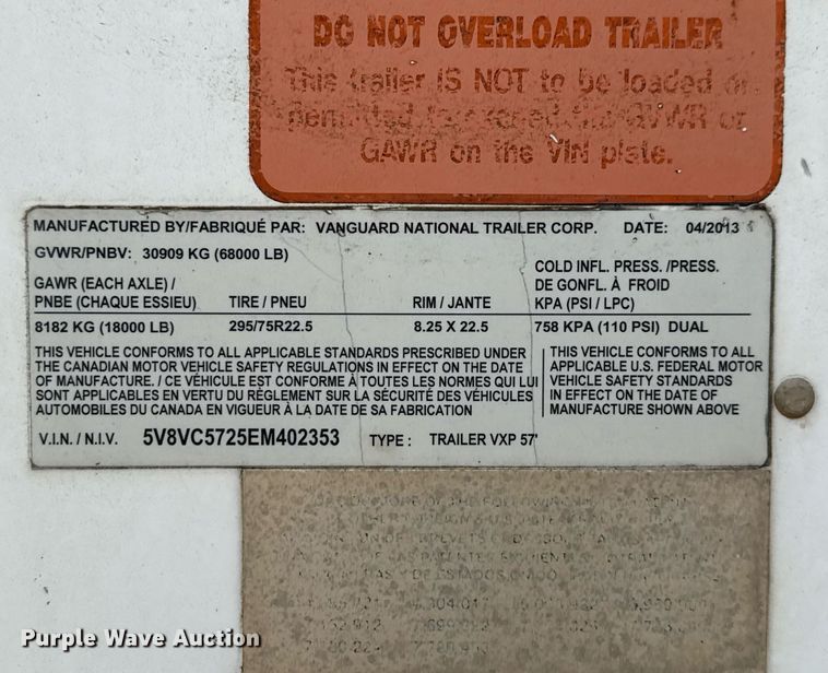 image for item DX5571 2014 Vanguard VXP dry van trailer