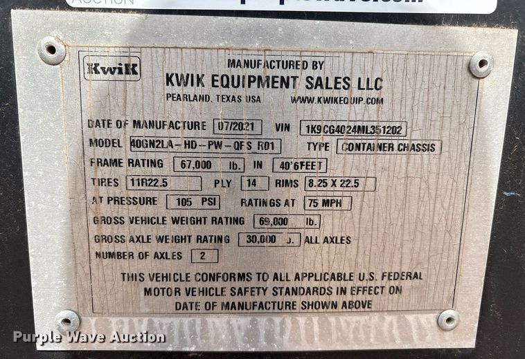 image for item DX7999 2021 Kwik Equipment 40GN2LA-HD-PW-QFS R01 container trailer
