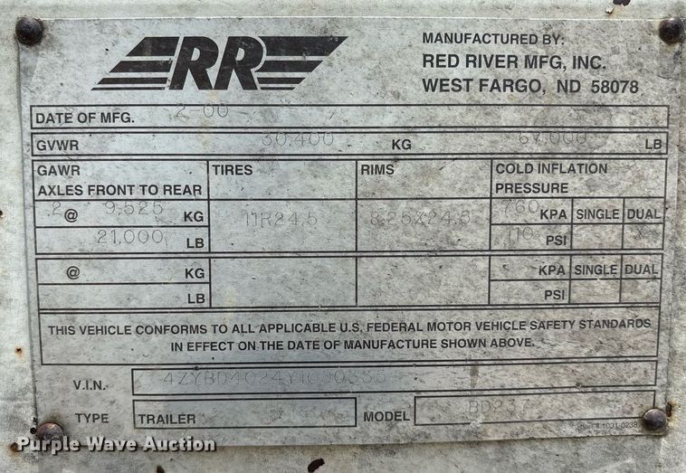 image for item DY0698 2000 Red River BD237 bottom dump trailer