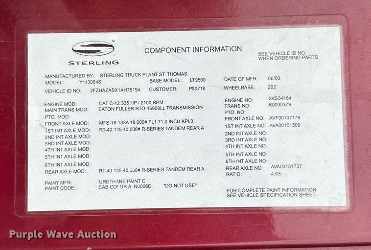 image for item EB2648 2001 Sterling LT9500 dump truck