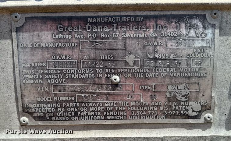 image for item ED4261 1988 Great Dane dry van trailer