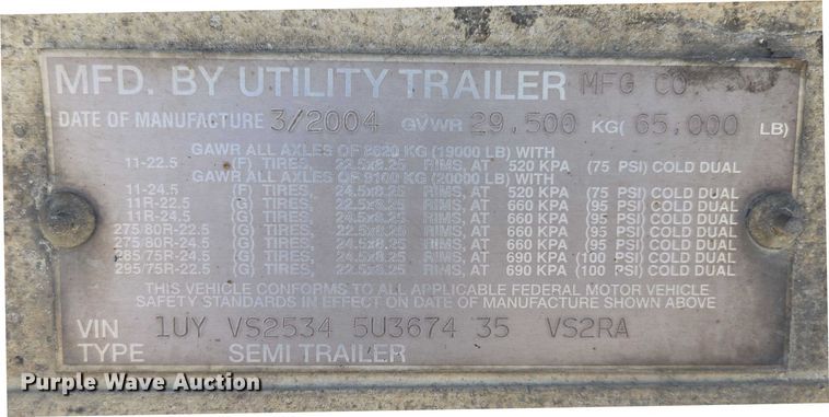 image for item EF1657 2004 Utility Trailer MFG Co. VS2RA refrigerated van trailer