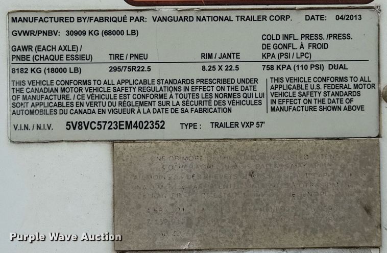 image for item EJ3718 2014 Vanguard VXP 57' dry van trailer