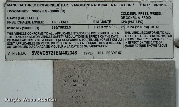 image for item EJ3719 2014 Vanguard VXP 57' dry van trailer