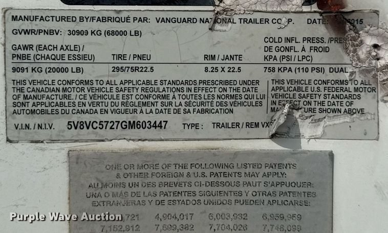 image for item EJ3721 2016 Vanguard VXP 57' dry van trailer