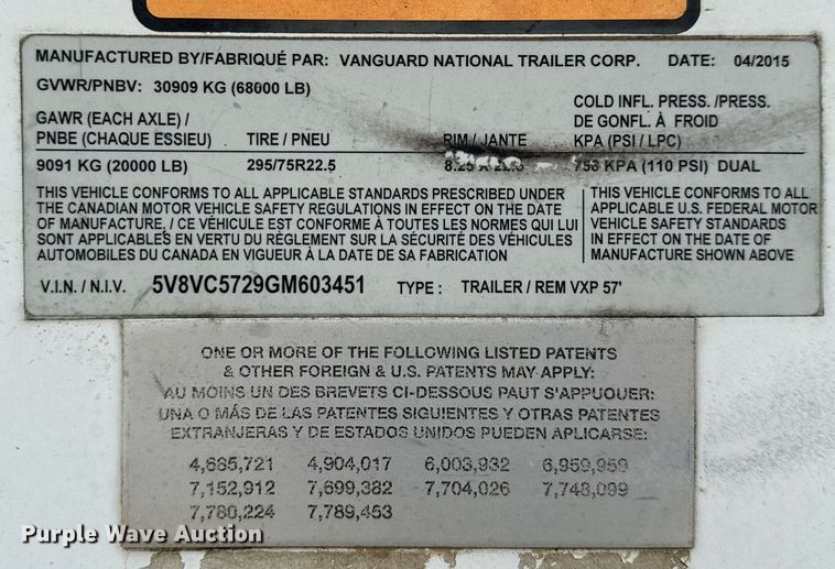 image for item EJ3723 2016 Vanguard VXP 57' dry van trailer