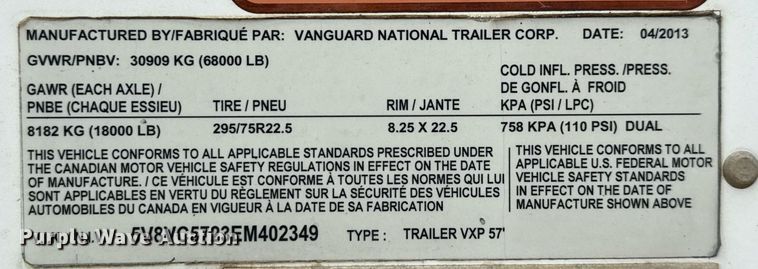 image for item EJ3725 2014 Vanguard VXP 57' dry van trailer
