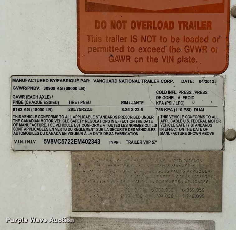 image for item EJ3726 2014 Vanguard VXP 57' dry van trailer