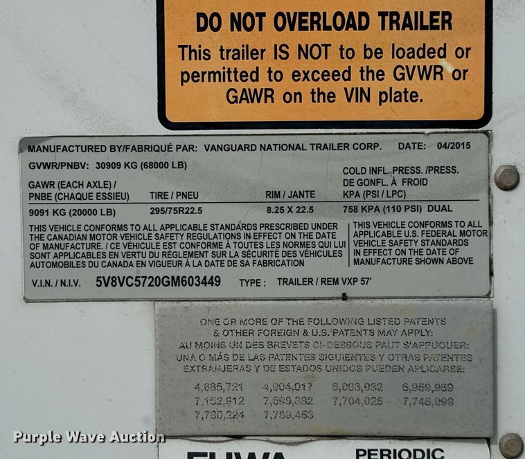 image for item EJ3727 2016 Vanguard VXP 57' dry van trailer