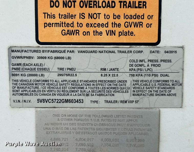 image for item EJ3728 2016 Vanguard VXP 57' dry van trailer