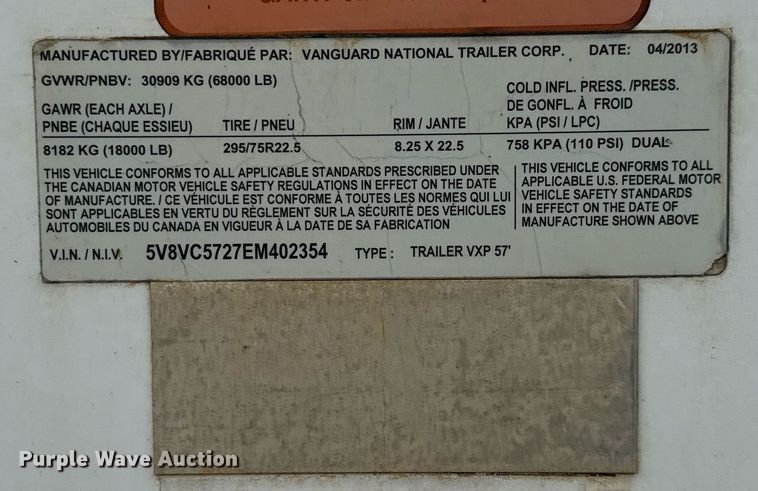 image for item EJ3729 2014 Vanguard VXP 57' dry van trailer