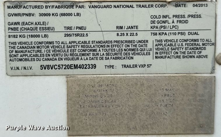 image for item EJ3730 2014 Vanguard VXP 57' dry van trailer