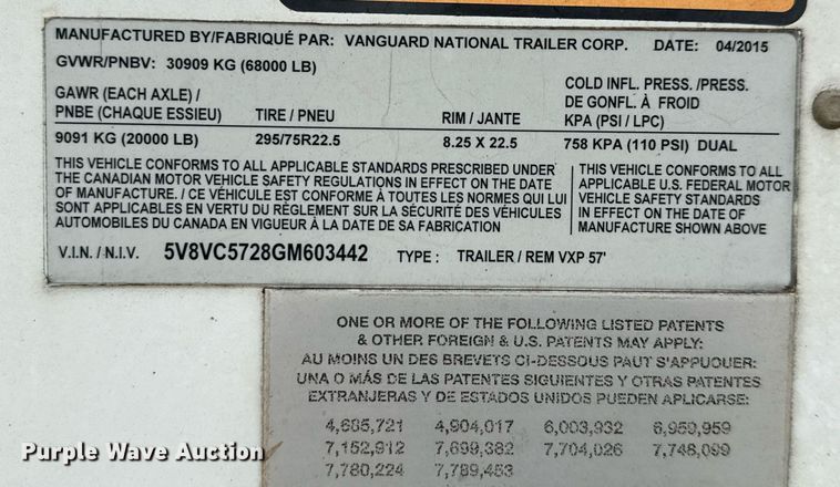 image for item EJ3731 2016 Vanguard VXP 57' dry van trailer