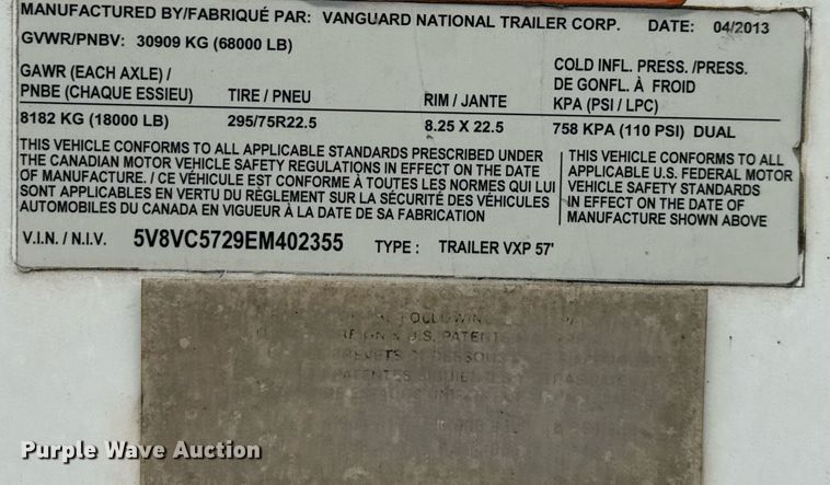 image for item EJ3732 2014 Vanguard VXP 57' dry van trailer