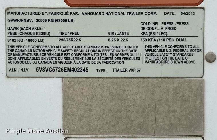 image for item EJ3733 2014 Vanguard VXP 57' dry van trailer