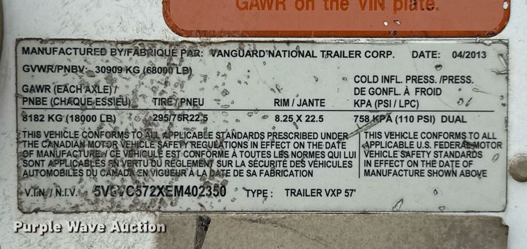 image for item EJ3734 2014 Vanguard VXP 57' dry van trailer