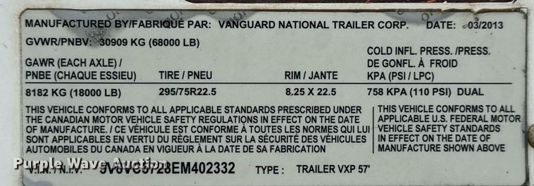 image for item EJ3735 2014 Vanguard VXP 57' dry van trailer
