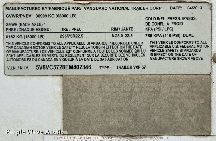image for item EJ3736 2014 Vanguard VXP 57' dry van trailer