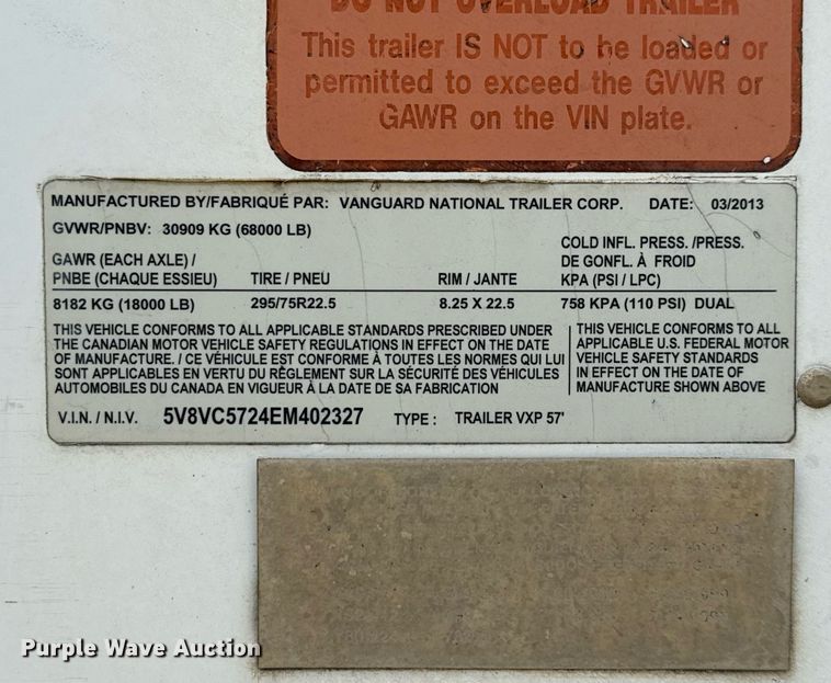 image for item EJ3737 2014 Vanguard VXP 57' dry van trailer