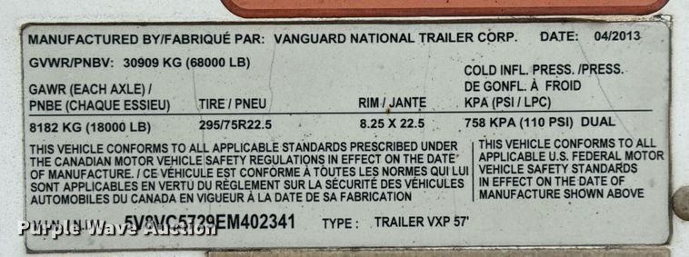 image for item EJ3738 2014 Vanguard VXP 57' dry van trailer