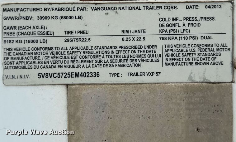 image for item EJ3739 2014 Vanguard VXP 57' dry van trailer