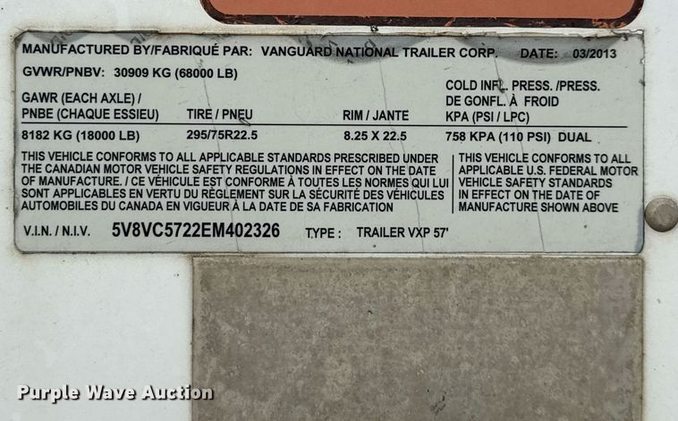 image for item EJ3740 2014 Vanguard VXP 57' dry van trailer