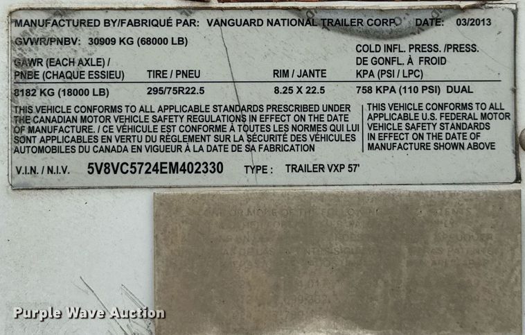 image for item EJ3741 2014 Vanguard VXP 57' dry van trailer