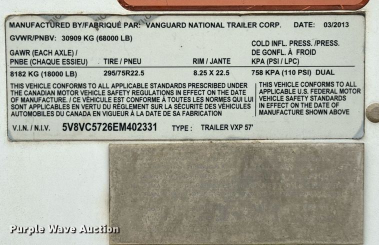 image for item EJ3742 2014 Vanguard VXP 57' dry van trailer