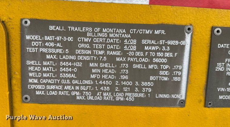 image for item EJ4766 2008 Beall BAST-97-3-DC tank trailer