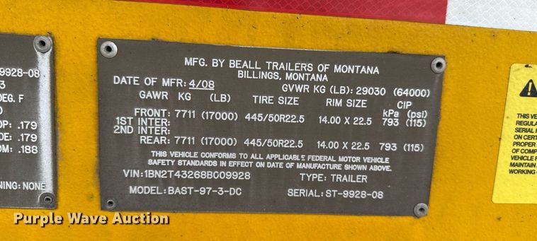 image for item EJ4766 2008 Beall BAST-97-3-DC tank trailer