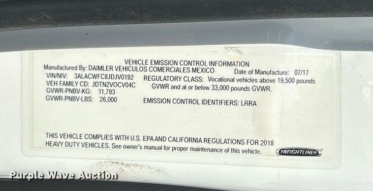 image for item YA0555 2018 Freightliner Business Class M2 106 box truck