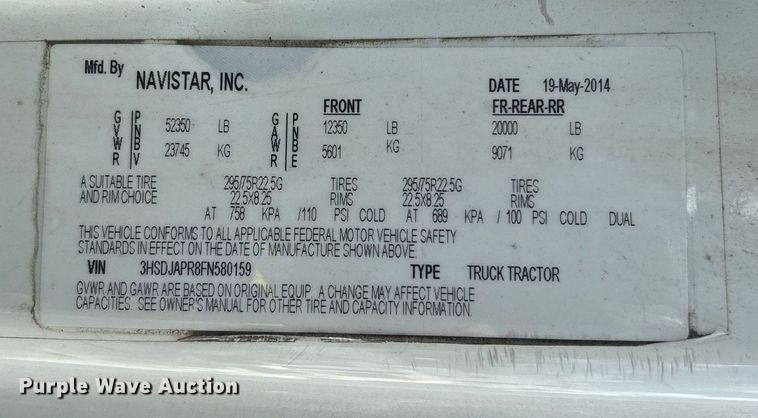 image for item YA0574 2015 International ProStar Plus 122 semi truck