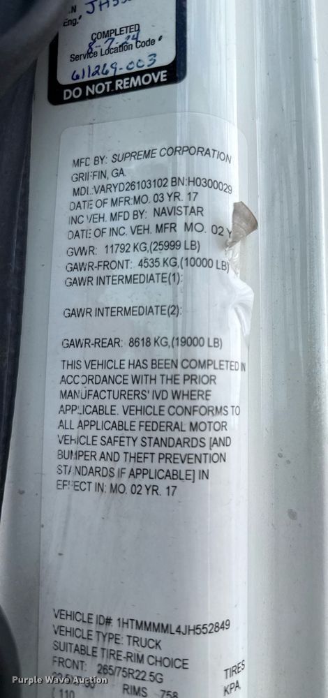 image for item YA0609 2018 International DuraStar 4300 box truck