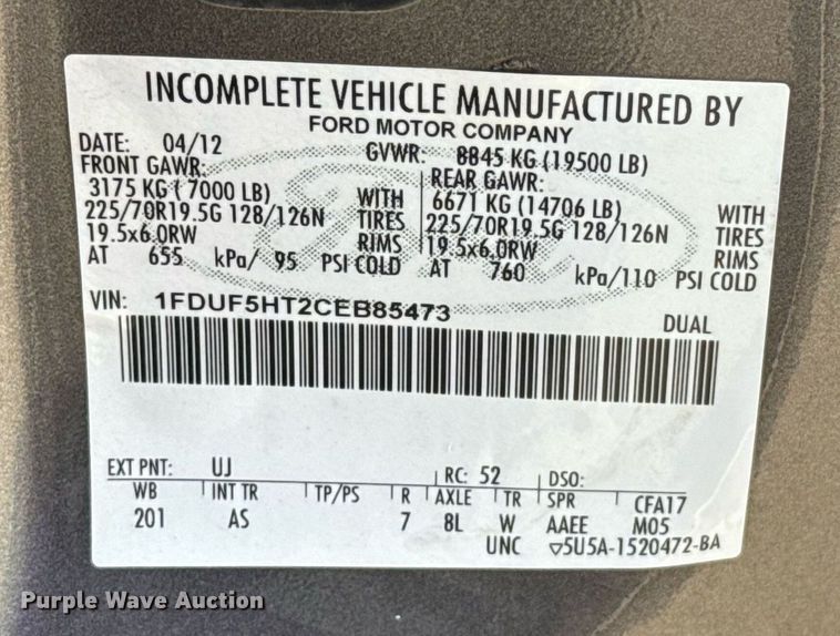 image for item DT6654 2012 Ford F550 truck cab and chassis