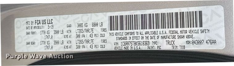 image for item DT6656 2019 Dodge Ram 1500 Crew Cab pickup truck