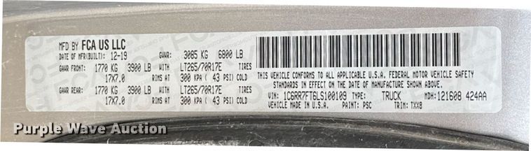 image for item DT6658 2020 Dodge Ram 1500 Classic Quad Cab pickup truck