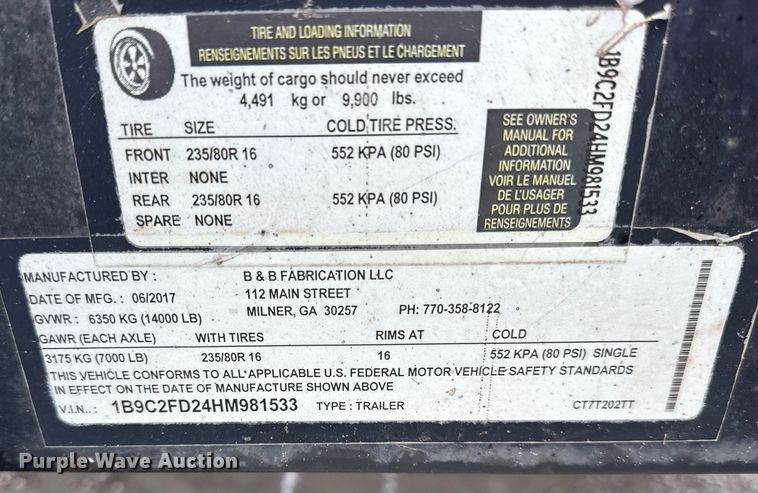 image for item DH9939 2017 B&B tilt deck equipment trailer