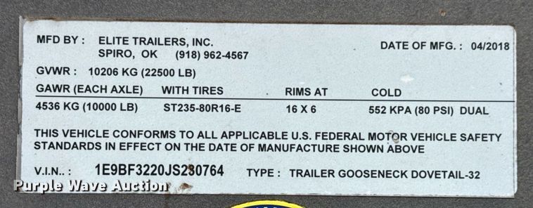 image for item DS3768 2018 Elite Trailers, Inc. equipment trailer