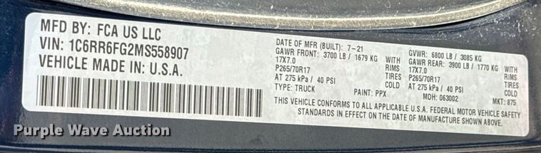 image for item DU9237 2021 Dodge Ram 1500 Quad Cab pickup truck