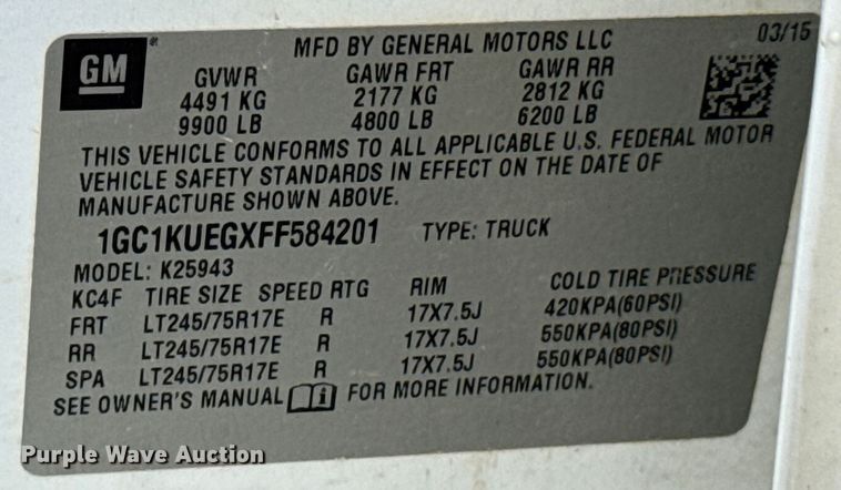 image for item DU9238 2015 Chevrolet Silverado 2500HD Crew Cab pickup truck