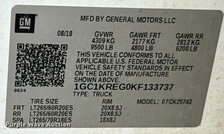 image for item DU9240 2019 Chevrolet Silverado 2500HD Crew Cab pickup truck