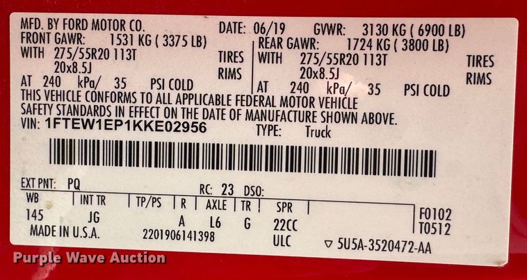 image for item DU9245 2019 Ford F150 STX SuperCrew pickup truck