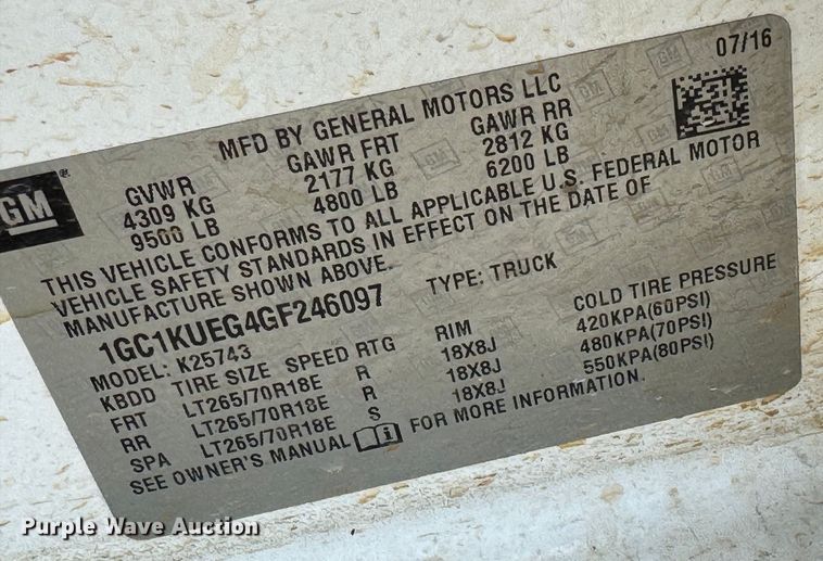 image for item DU9248 2016 Chevrolet Silverado 2500HD Crew Cab pickup truck