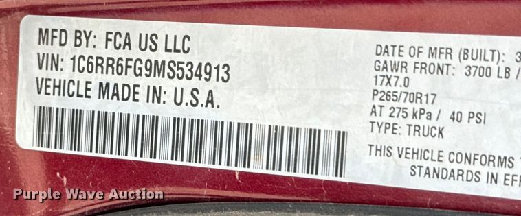 image for item DU9249 2021 Dodge Ram 1500 Quad Cab pickup truck