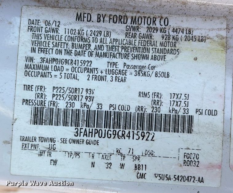 image for item DX7991 2012 Ford Fusion SEL Sedan