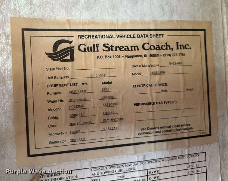 image for item EB2511 1998 Gulf Stream Sun Voyager 8362 SVB RV